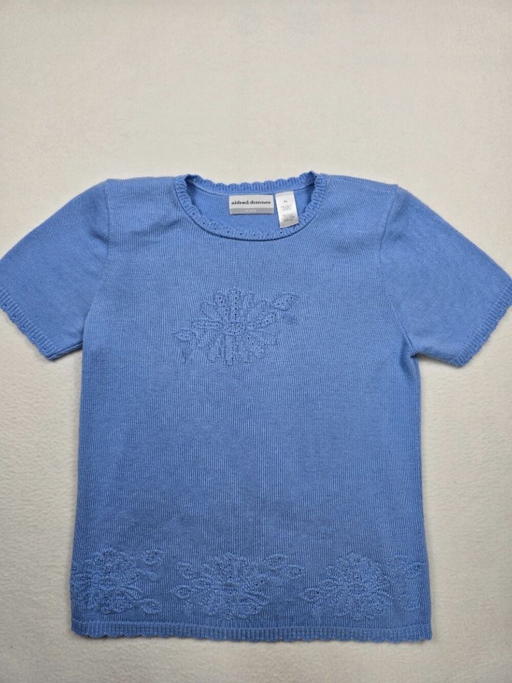 Alfred Dunner Petite Floral Knit Top PS Cottage Core Blue Short Sleeves Cozy